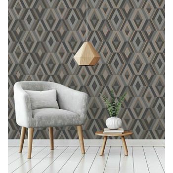 Papel Pintado Lavable Geométrico Moderno Con Detalles Metalizados - Diamond Palace 680908 De Gaulan - Rollo De 10 M X 0,53 M