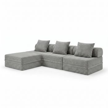 Sofá Modular 3+1+puff Convertible Terciopelo A Rayas Gris