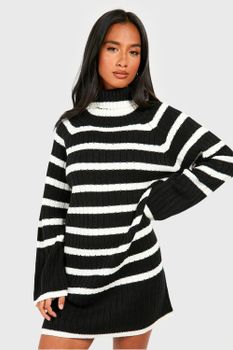 Vestido Jersey Petite De Cuello Vuelto Con Mangas Anchas Y Rayas, Negro