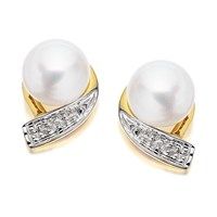 9ct gold two colour diamond and freshwater pearl earrings - 10mm - g0620