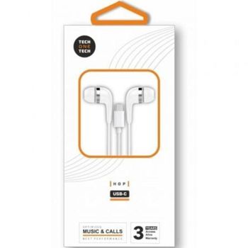 Auriculares Tech One Tech earTECH con cable USB-C para música y llamadas con micrófono, reducción de ruido y controles integrados blancos