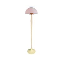 lampara de pie columna madera metal rosa pantalla beige