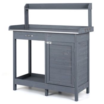 Costway Mesa de Trabajo de Jardín de Abeto con Cajón Armario y Encimera Inoxidable Carga 50 kg 112 x 46,5 x 125 cm Gris