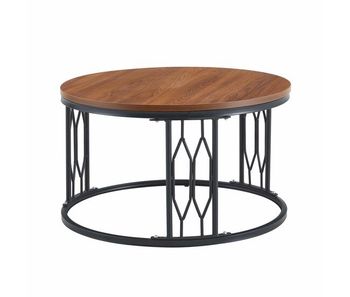 Mesa de centro redonda 70x40,5 cm - diseño moderno con tablero efecto madera y estructura metálica geométrica - nogal