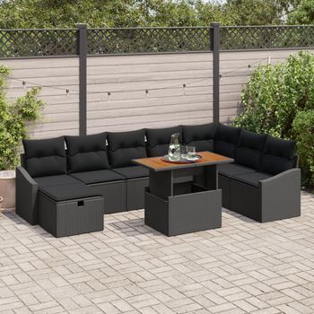 Conjunto De Sofá De Jardín  De 9 Piezas Con Cojines Negros De Ratán Polimérico V4922 Unico / Negro