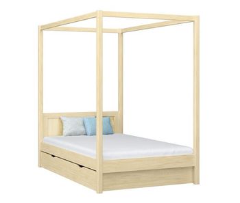 Cama individual de madera con dosel y cajón n02 pino incoloro