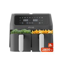 evvo freidora de aire sin aceite de 8l 2800w doble cesta antiadherente tecnologia dual cyclone 10 programas hornea
