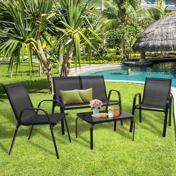 Juego 4 Piezas De Muebles Para Jardín Con Mesa De Café De Cristal Templado Banco Y 2 Sillas Set De Conversación De Exterior Patio Piscina