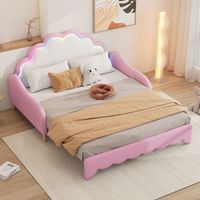 cama extensible tapizada 140 x 200 cm con cabecero - led - piel sintetica - rosa