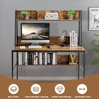 Escritorio Para Computadora Con Estante, Estantería Y Almohadillas Para Pies Ajustables, Mesa De Trabajo, Café