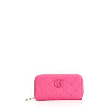 billetera con doble cremallera redonda y logotipo en relieve en toda la superficie hot pink