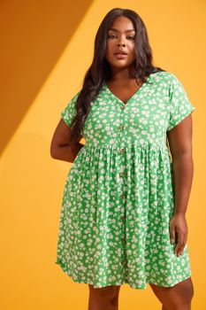 Yours Vestido Corto De Algodón Verde De Florecitas, Mujer Curvy Y Tallas Grandes, Yours
