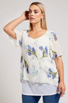 Yours London Blusa Blanca Floral Bajo Doble Capa, Mujer Curvy Y Tallas Grandes, Yours London