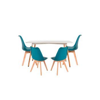 Conjunto Mesa Tower Rectangular 120 X 80 Cm Blanca Y Pack 4 Sillas Synk Basic - Verde Azulado