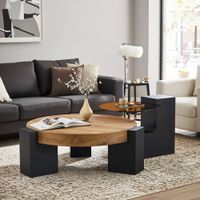 mesa de centro redonda de 2 niveles efecto madera y cristal marron