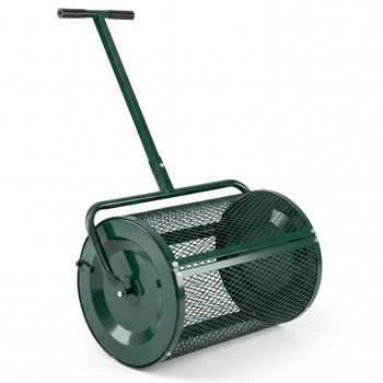 Costway Esparcidor de Compost de 31 cm con Rodillo para Musgo de Turba y Mango en T Ajustable en Altura con Cesta de Malla Metálica para Jardín o Césped Verde