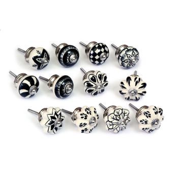 Set De 12 Pomos Tiradores De Cerámica Diseño Flores En Blanco Y Negro Decoración Muebles Armarios Cajones Nacnic