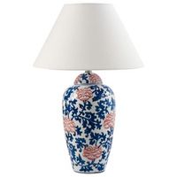 lampara de mesa elegante con base de porcelana con diseno floral pantalla de campana de lino iluminacion blanco y azul verusa