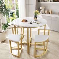 juego de mesa y 4 sillas - mueble de comedor - mdf y metal - blanco y dorado 80x80x75cm