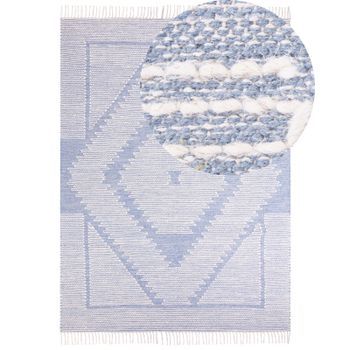 Alfombra De Algodón Azul Blanco Crema 140 X 200 Cm Geométrico Tribal Borlas Ansar