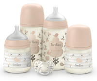 suavinex birdies set biberon flujo lento 2x150 ml  biberon flujo medio 2x270 ml  chupete rosa 0-6m