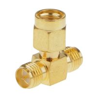 adaptador triple t rf rp-sma hembra a 2x rp-sma dorado
