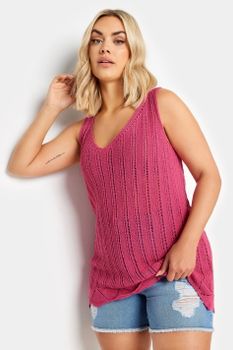 Yours Top Sin Mangas De Punto Rosa Con Calados, Mujer Curvy Y Tallas Grandes, Yours