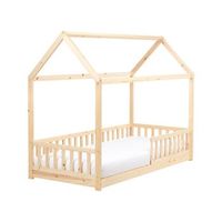 cama infantil en forma de casa con dosel de madera de pino marron claro 90 x 200 cm cossaye