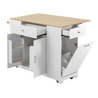 isla de cocina movil mdfr131840933 cm ruedas con freno cajones compartimento cubo basura encimera madera natural estructura blanca
