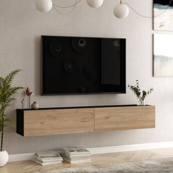 Mueble Tv Suspendido Lapinlahti 180x32x30 Cm - Negro/efecto Roble [en.casa]