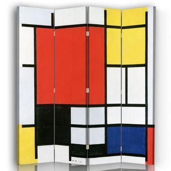 Biombo Composición Con Plano Rojo Grande, Amarillo, Negro, Gris Y Azul - Piet Mondrian - Separador De Ambientes Cm. 145x180 (4 Paneles)