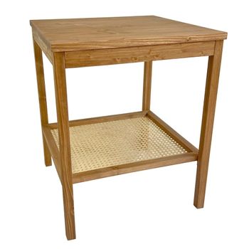 Mesa auxiliar de madera maciza tono roble con balda de ratán 45x45cm