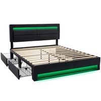 cama tapizada 140 x 200 cm con puerto usb admite carga inalambrica y por cable con iluminacion led y cuatro cajones de almacenamiento negro