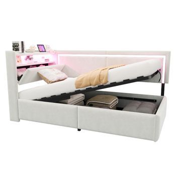Cama Tapizada De 90x200 Cm, Individual, Con Led Y Usb, Cabecero Abatible, Almacenamiento Hidráulico, Terciopelo, Color Beige.