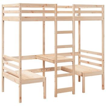Cama Individual | Cama Para Adulto | Cama Alta Con Escritorio Y Asientos Madera Maciza 80x200 Cm