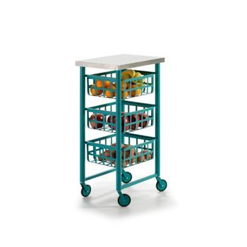 Carrito Auxiliar Fifty-fifty Con 3 Cestas Metálicas, Encimera De Acero Inoxidable Y Ruedas. Diseño Moderno Y Funcionalidad,acero Lacado - Acero Inoxidable,turquesa - Inox