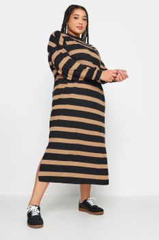 Yours Vestido Camiseta En Algodón De Rayas Beige, Mujer Curvy Y Tallas Grandes, Yours