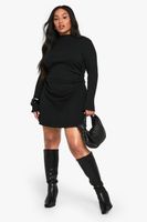 vestido recto plus de manga larga con cuello alto y fruncido lateral negro