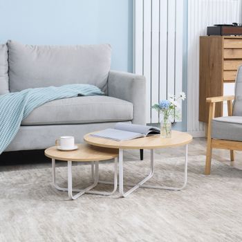Juego 2 Mesas De Centro De Mdf Metal Homcom Ø65x32 Cm-natural Blanco