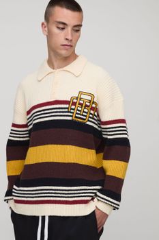 Oversized Embroidered Varsity Ribbed Knitted Polo Jumper, Cream