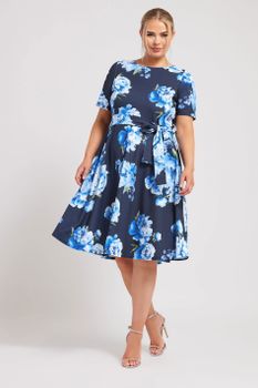 Yours London Vestido Evasé Azul Marino De Flores Azules, Mujer Curvy Y Tallas Grandes, Yours London
