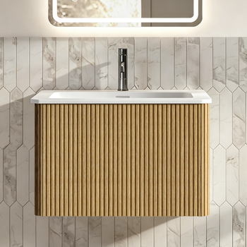 Mueble De Baño Suspendido De 60 Cm Con Lavabo, Acabado Roble Y Apertura Por Presión