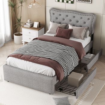 Cama Tapizada Gris De 90 X 200 Cm Con Dos Cajones Y Cabecero Regulable