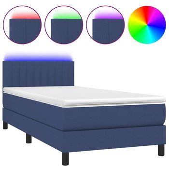 Cama Para Adultos | Cama Box Spring Colchón Y Luces Led Tela Azul 100x200 Cm