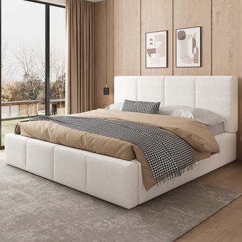 Cama Doble Tapizada Con Somier De Lamas Y Cabecera Tapizada, Beige Bouclé 180x200 Cm