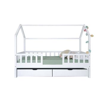 Cama casita con barandilla + 2 cajones madera blanco 90x190cm