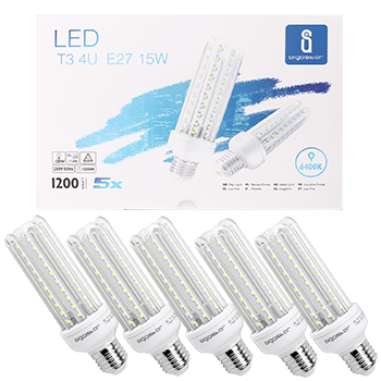 Aigostar - 15W Bombilla LED B5 T3 4U, Lámpara E27, Luz Blanca Fría 6400K, Ángulo 360°, 1200 lúmenes, no regulable -Caja de 5 unidades