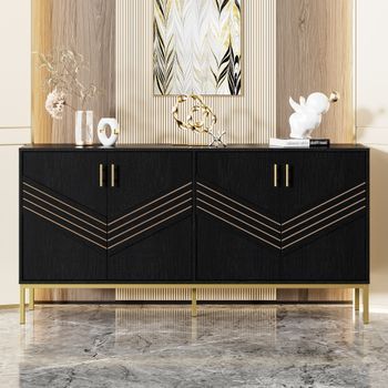 Aparador De 4 Puertas - Mueble De Salón - Mdf Y Metal - Negro Y Madera (160x40x80.5cm)