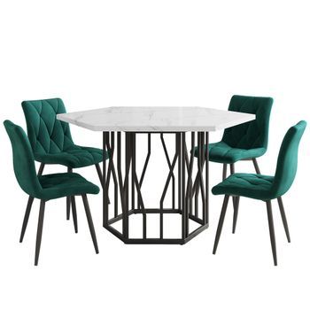 Conjunto De Comedor: Mesa Hexagonal Efecto Mármol Y 4 Sillas De Terciopelo Verde