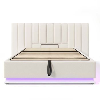 Cama De Matrimonio Tapizada 180 X 200 Con Control De Aplicación Led Y Carga Usb-c, Pu, Blanco, Sin Cabecero